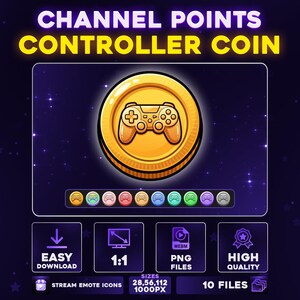 May include: A digital graphic featuring a large gold coin with a game controller icon in the center. Below the coin are ten smaller circular icons in various colors, each displaying the same controller design. Text includes CHANNEL POINTS CONTROLLER COIN.