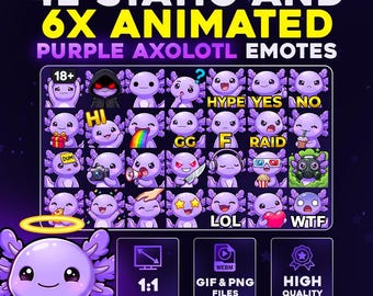 42 + 6 Animated Purple Axolotl Emotes Pack PNG & GIF for Streamers, Twitch, Discord, Kick, | Chibi Ocean Axolotl Mega Emote Pack