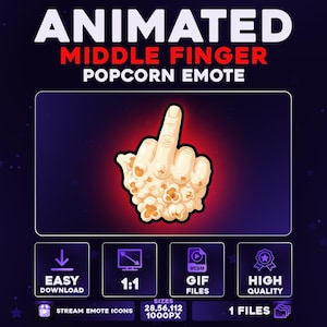 以下が含まれることがあります： 中指のジェスチャーのアニメーションポップコーン絵文字。画像には「ANIMATED MIDDLE FINGER POPCORN EMOTE」というテキストと、簡単なダウンロード、1：1の比率、GIFファイル、高品質のアイコンが含まれています。
