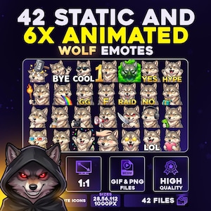 Puede incluir: Gráfico digital con 42 emotes de lobo estáticos y 6 animados. Los emotes muestran diversas expresiones y acciones. El texto dice "42 STATIC AND 6X ANIMATED WOLF EMOTES".