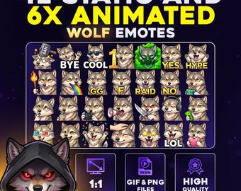 42 + 6 Animated Wolf Pack PNG & GIF for Streamers, Twitch, Discord, Kick, | Chibi Forest Wolf Mega Emote Pack