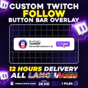 Może przedstawiać: Cyfrowa nakładka na pasek przycisku obserwowania Twitch, zawierająca biały prostokątny panel z ikoną profilu, tekstem 'twitch' i 'StreamEmoteIcons' oraz fioletowy przycisk 'Follow' z ikoną serca i kursorem myszy.