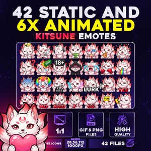 May include: A promotional image for Kitsune emotes, featuring 42 static and 6 animated emotes. The emotes depict a white fox with pink accents in various expressions. The image includes text that reads "42 STATIC AND 6X ANIMATED KITSUNE EMOTES".