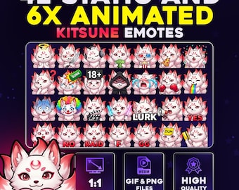 42 + 6 Animated Kitsune Emote Pack PNG & GIF for Streamers, Twitch, Discord, Kick, | Chibi Kitsune Fox Mega Emote Pack