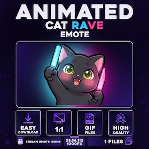 May include: Animated cat rave emote. A black cat with green eyes and pink cheeks holds two glowing light sticks. The image includes the text "ANIMATED CAT RAVE EMOTE" and icons for easy download, 1:1 ratio, GIF files, and high quality.
