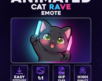 Animated Black Cat Rave Emote – Cute Glowstick Party Cat for Twitch Discord YouTube | Kawaii Rave Dance Stream Emote