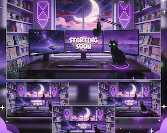 Animated Cozy Anime Gamer Room Twitch Screens, Purple Neon Midnight Starry Sky Overlays for OBS Streamlabs Kick, Aesthetic Black Cat Scenes
