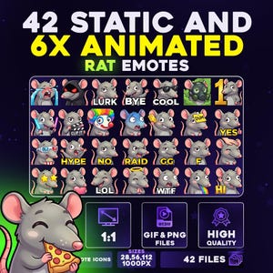 Op de afbeelding: Een digitale afbeelding met 42 statische en 6 geanimeerde rat-emotes. De emotes tonen verschillende uitdrukkingen en zijn beschikbaar in GIF- en PNG-bestandsformaten. De tekst "42 STATIC AND 6X ANIMATED RAT EMOTES" is inbegrepen.