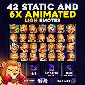 Op de afbeelding: Een digitale kunstafbeelding met 42 statische en 6 geanimeerde leeuwenemotes. De emotes tonen verschillende uitdrukkingen en zijn beschikbaar in GIF- en PNG-bestandsformaten. De afbeelding bevat de tekst "42 STATIC AND 6X ANIMATED LION EMOTES".