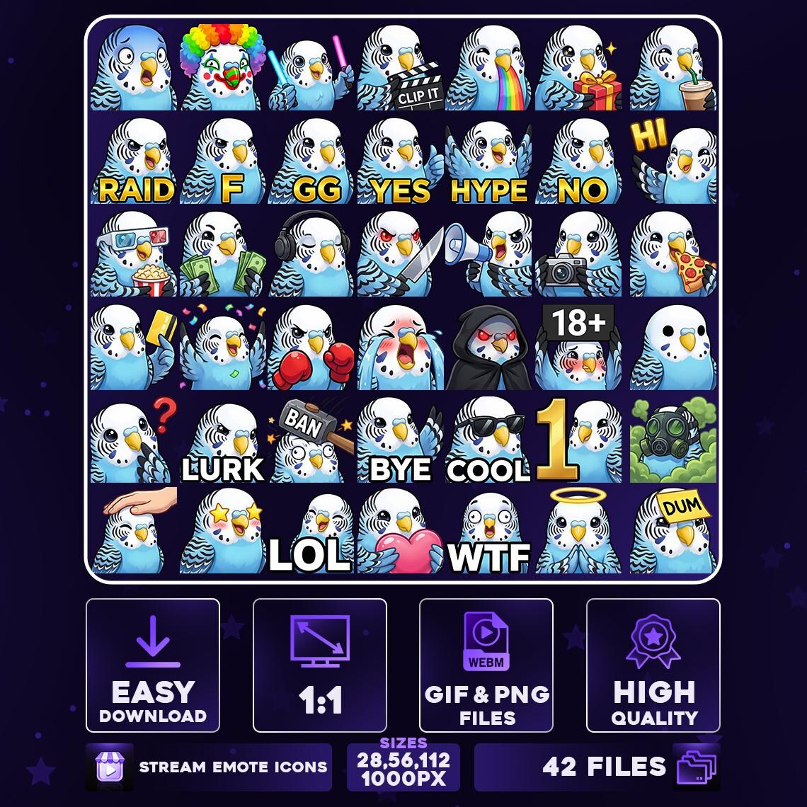 42 + 6 Animated Blue Parrot Emote Pack PNG & GIF for Streamers, Twitch ...