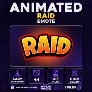 Puede incluir: Gráfico animado "RAID EMOTE" con un diseño audaz en naranja y amarillo, delineado en rojo. La imagen incluye iconos para descarga fácil, relación de aspecto 1:1, archivos GIF y WEBM, y alta calidad. También están presentes los textos "STREAM EMOTE ICONS" y "SIZES 28,56,112 1000PX".