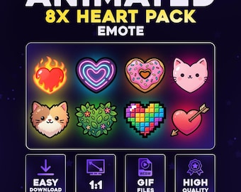 Animated 8x Heart Emote Pack – Cute Love & Hype Hearts for Twitch Discord YouTube | Neon, Fire, Cat, Pixel Kawaii Heart Stream Emote Bundle