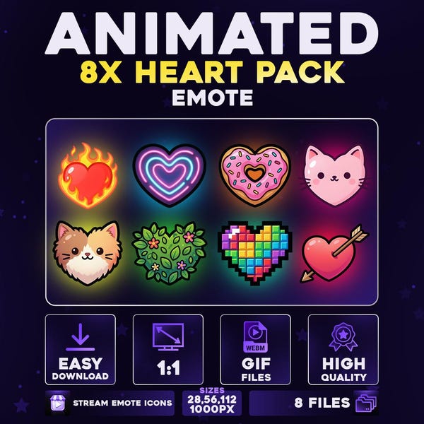 Animated 8x Heart Emote Pack – Cute Love & Hype Hearts for Twitch Discord YouTube | Neon, Fire, Cat, Pixel Kawaii Heart Stream Emote Bundle