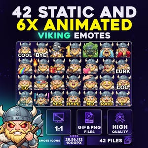 May include: A promotional image for Viking emotes. The image features a grid of 42 static and 6 animated Viking emotes with various expressions. Text includes "42 STATIC AND 6X ANIMATED VIKING EMOTES", "GIF & PNG FILES", and "HIGH QUALITY".