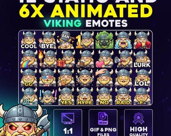 42 + 6 Animated Viking Emote Pack PNG & GIF for Streamers, Twitch, Discord, Kick, | Chibi Viking Mega Emote Pack