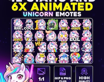 42 + 6 Animated Unicorn Emotes Pack PNG & GIF for Streamers, Twitch, Discord, Kick, | Chibi Rainbow Unicorn Emote Pack