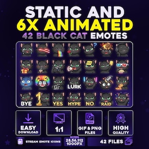 Pode incluir: Imagem promocional para ícones de emotes de streaming. A imagem apresenta 42 emotes de gatos pretos com várias expressões. O texto diz "STATIC AND 6X ANIMATED 42 BLACK CAT EMOTES". O texto adicional inclui "EASY DOWNLOAD", "1:1", "GIF & PNG FILES" e "HIGH QUALITY".