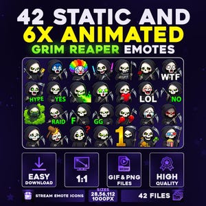 May include: A digital graphic showcasing 42 static and 6 animated Grim Reaper emotes. The emotes portray the Grim Reaper with diverse expressions and props. The image includes text that says "Easy Download", "1:1", "GIF & PNG Files", and "High Quality".