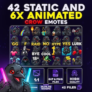 Könnte beinhalten: Werbebild für Krähen-Emotes. Das Bild zeigt eine Sammlung von 42 statischen und 6 animierten Krähen-Emotes mit verschiedenen Ausdrücken und Requisiten. Der Text lautet "42 STATIC AND 6X ANIMATED CROW EMOTES".