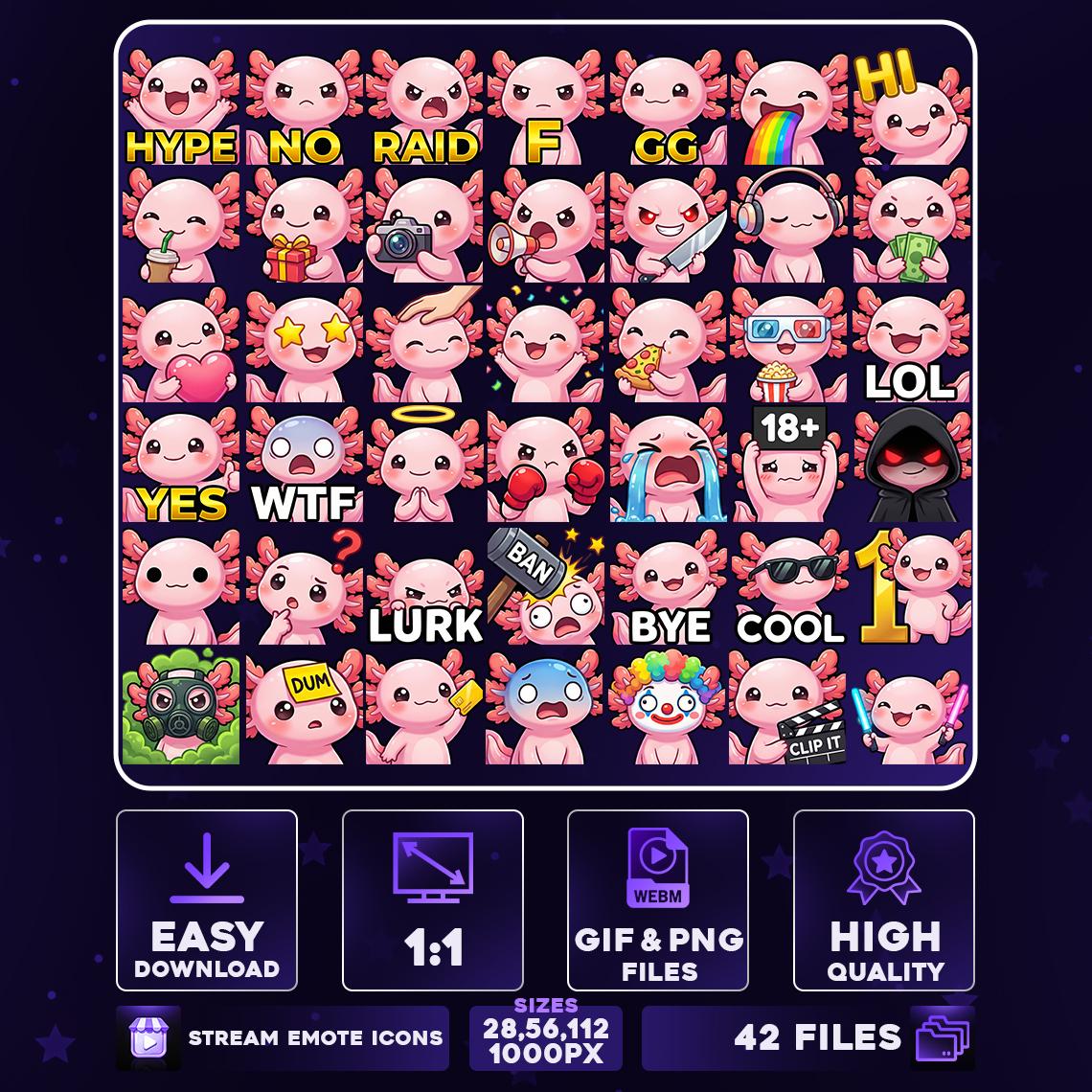 Ocean Emotes 42 + 6 Animated Pink Axolotl Emotes Pack PNG & GIF for Streamers ...