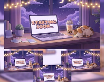 Animated LoFi Twitch Screens Pack, Cozy Night Starry Sky Overlays for OBS Streamlabs Kick, Purple Pastel Cute Cat Chill Stream Scenes