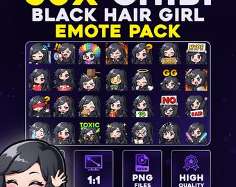 50x Chibi Schwarzhaar Mädchen Twitch Emotes Pack Bundle | Süßes Anime Style Discord Emoji Bundle für Streamer, TikTok, YouTube Digitaler Download