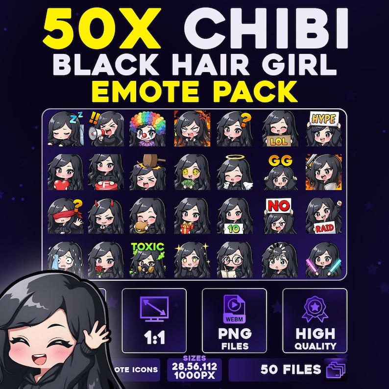 Magor Cibi 50x Chibi Black Hair Girl Twitch Emotes Pack Bundle | Cute Anime Style ...