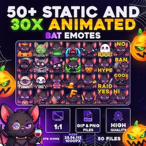 May include: A digital collection of 50+ static and 30+ animated bat emotes featuring various expressions and costumes. The set includes icons of bats with pumpkins, witch hats, and text like BOO, HYPE, BAN, COOL, RAID, YES, HI, and F.