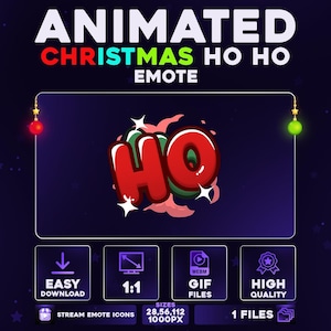 Op de afbeelding: Geanimeerde Kerst Ho Ho Emote-afbeelding. Het ontwerp toont het woord "HO" in rood met een witte omlijning en groene accenten. De afbeelding bevat pictogrammen voor eenvoudig downloaden, 1:1-verhouding, GIF-bestanden en hoge kwaliteit.