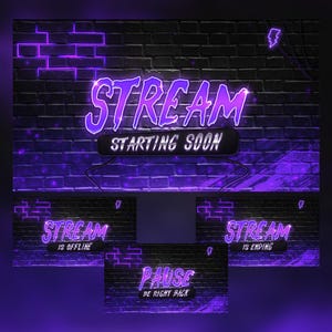 May include: A digital graphic with a neon purple theme for a live stream. The main graphic says "STREAM STARTING SOON" on a brick wall background. Additional graphics say "STREAM IS OFFLINE", "STREAM IS ENDING", and "PAUSE BE RIGHT BACK".
