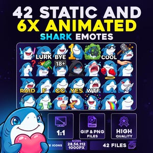 Op de afbeelding: Een afbeelding met 42 haai-emotes met verschillende uitdrukkingen, waaronder "LURK", "BYE" en "COOL". De afbeelding bevat ook de tekst "42 STATIC AND 6X ANIMATED SHARK EMOTES". De afbeelding bevat de tekst "HIGH QUALITY".