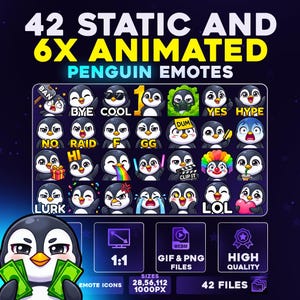 Peut inclure: Graphique numérique avec 42 émoticônes pingouins statiques et 6 animées, exprimant diverses émotions. Le texte indique "GIF & PNG FILES" et "HIGH QUALITY". Les émoticônes sont disposées en grille.