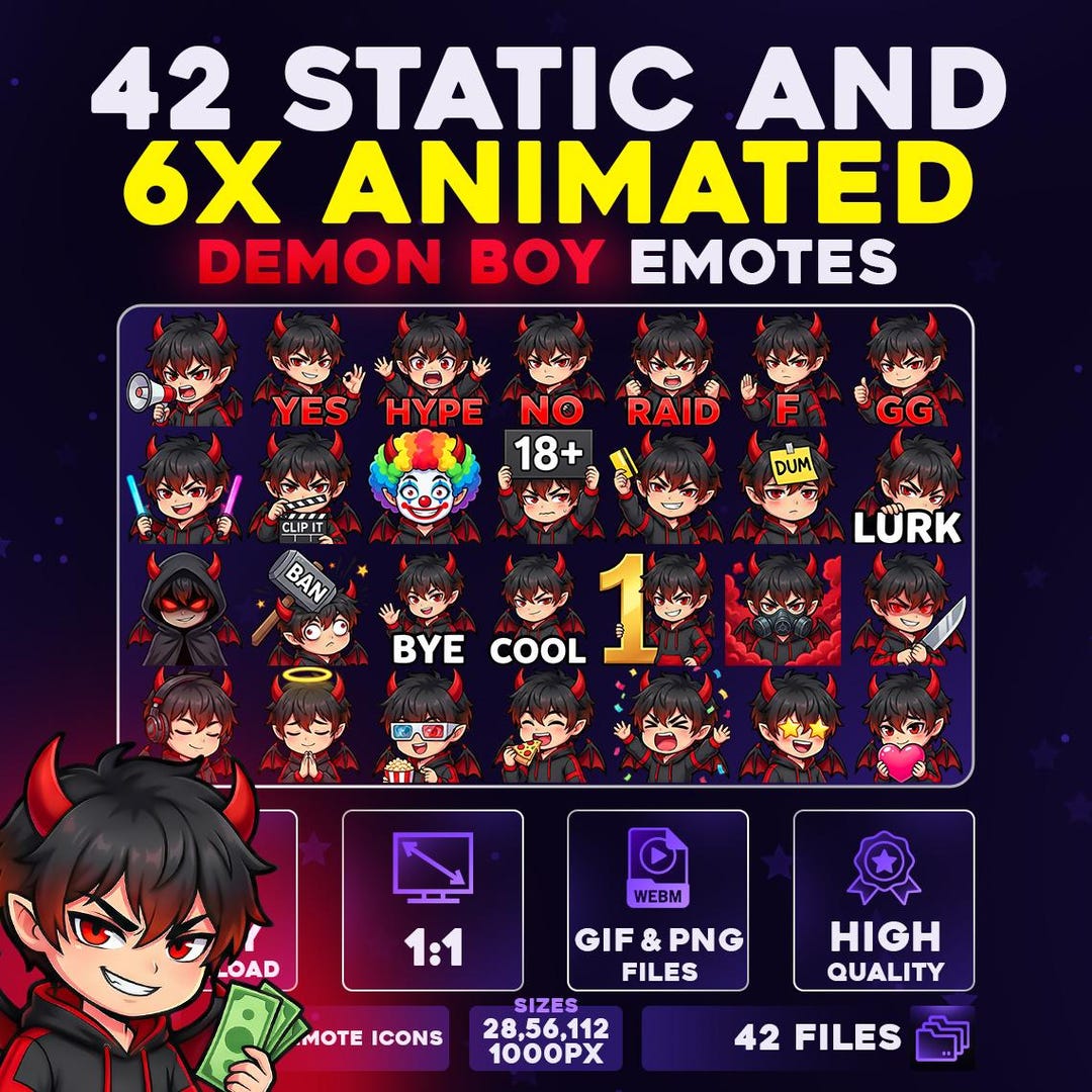 Demon Emote Set 42 + 6 Animated Demon Boy Emote Pack PNG & GIF for Streamers, Twitch ...