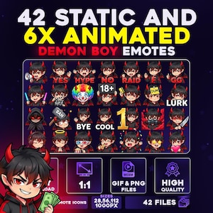 Może przedstawiać: Grafika promocyjna dla "Demon Boy Emotes" z 42 statycznymi i 6 animowanymi emotikonami. Emotikony przedstawiają kreskówkowego chłopca demona z różnymi wyrazami twarzy i rekwizytami. Grafika zawiera tekst, np. "YES", "HYPE" i "18+."