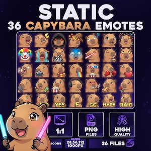 Puede incluir: Gráfico digital con 36 emoticonos de carpincho con diversas expresiones. La imagen incluye el texto "STATIC 36 CAPYBARA EMOTES" e iconos para tipos de archivo y calidad. Un carpincho con sables de luz está en primer plano.