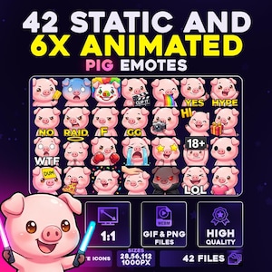 Puede incluir: Imagen promocional con 42 emoticonos de cerdos estáticos y 6 animados. Los emoticonos muestran varias expresiones y están disponibles en formatos de archivo GIF y PNG. La imagen también incluye el texto "1:1", "Alta calidad" y "42 archivos".