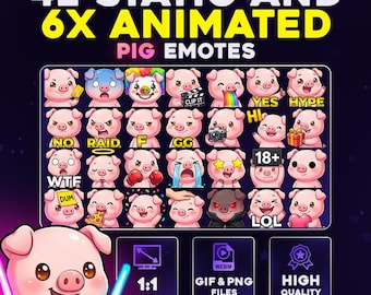 42 + 6 Animated Pig Emotes Pack PNG & GIF for Streamers, Twitch, Discord, Kick, | Chibi Baby Pig Mega Emote Pack