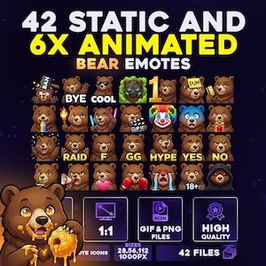 May include: A digital graphic showcasing 42 static and 6 animated bear emotes. The emotes portray diverse expressions and actions, such as a bear with a rainbow, a bear with boxing gloves, and a bear wearing a clown face. The image includes text that says "42 FILES".
