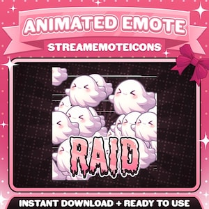 May include: Pink banner with the text "ANIMATED EMOTE" and "STREAMEEMOTEICONS". The image features a cluster of white ghost-like characters with smiling faces. The word "RAID" is written in pink, dripping letters. The bottom banner reads "INSTANT DOWNLOAD + READY TO USE".
