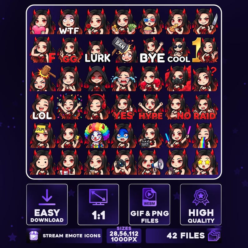 Demon Emote Set 42 + 6 Animated Demon Girl Emote Pack PNG & GIF for Streamers, Twitch ...