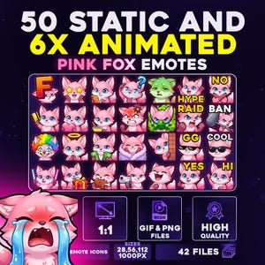 Peut inclure: Une collection numérique de 50 émoticônes renard rose statiques et 6 animées avec diverses expressions et accessoires. L'ensemble inclut des icônes avec le texte NO, BAN, HYPE, RAID, GG, COOL, YES et HI, au format 1:1 en fichiers GIF et PNG.