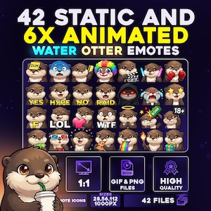 Può includere: Immagine promozionale per emote di lontra d'acqua. L'immagine presenta una raccolta di 42 emote statiche e 6 animate, ognuna raffigurante una lontra dei cartoni animati con varie espressioni e oggetti di scena. Il testo recita "42 STATIC AND 6X ANIMATED WATER OTTER EMOTES".