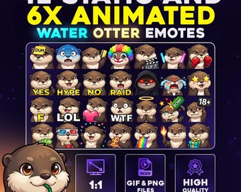 42 + 6 Animated Water Otter Pack PNG & GIF for Streamers, Twitch, Discord, Kick, | Chibi Otter Mega Emote Pack