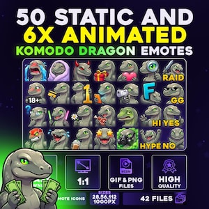 May include: A digital collection of 50 static and 6 animated Komodo dragon emotes featuring various expressions and actions. The set includes icons with text like RAID, 18+, F, GG, HI, YES, HYPE, and NO, presented in high quality with 1:1 aspect ratio.