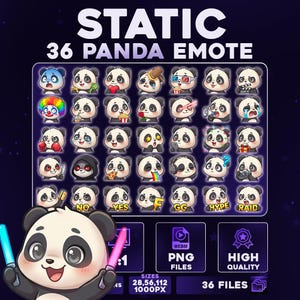 Peut inclure: Graphique numérique avec 36 émoticônes panda aux expressions variées. Le visuel comprend le texte "STATIC 36 PANDA EMOTE", "PNG FILES", "HIGH QUALITY" et "36 FILES". Un personnage panda tient deux sabres laser.