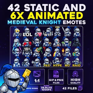 May include: A promotional image featuring 42 static and 6 animated medieval knight emotes. The emotes depict knights in various poses and expressions, with text overlays like "LOL", "WTF", and "18+". The image also includes icons for file types and quality.