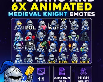 42 + 6 Animated Medieval Knight Pack PNG & GIF for Streamers, Twitch, Discord, Kick, | Chibi Armoured Knight Mega Emote Pack