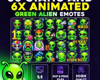 50 + 6 Animated Green Alien Emotes Pack PNG & GIF For Streamers, Twitch, Discord, Kick, | Chibi Space Emote Bundle