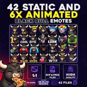May include: A promotional image featuring 42 static and 6 animated black bull emotes. The emotes display various expressions and actions. The image also includes text indicating file types, sizes, and high quality.