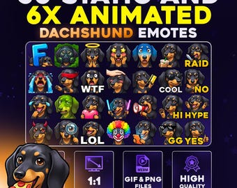 50 + 6 Animated Dachshund Dog Pack PNG & GIF For Streamers, Twitch, Discord, Kick, | Chibi Pet Emote Pack